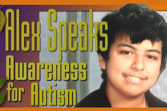 A picture of Alex next to the text 'Alex Speaks Awareness for Autism'