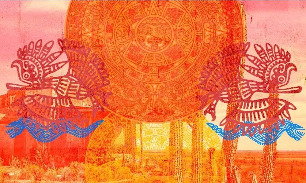 Aztec artwork superimposed on a desert background